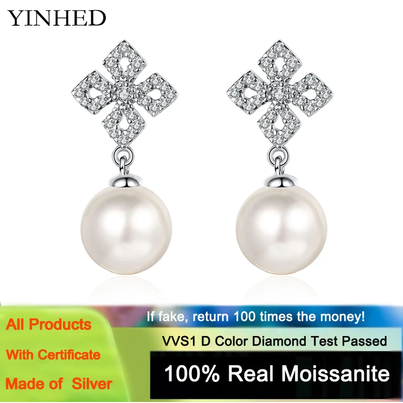 

YINHED Real 925 Sterling Silver Earrings Tiny Moissanite and 8mm Freshwater Pearl Drop Earrings for Women Wedding Jewelry Gift