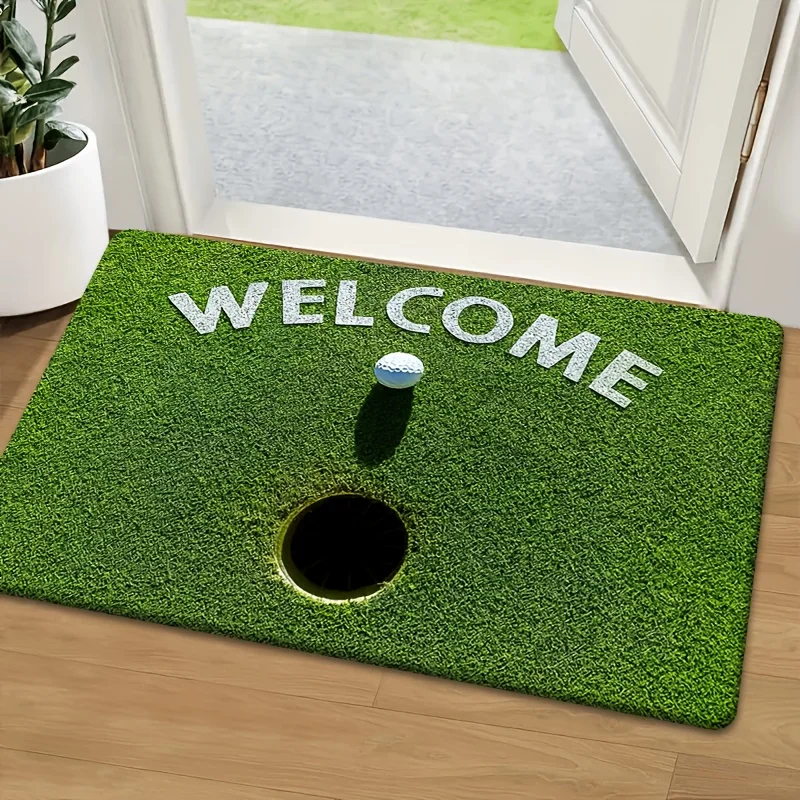 Tapis de porte en flanelle antidérapant à motif de green de golf 2D avec texte de bienvenue, thème sportif, pour entrée, jardin et décoration de sol