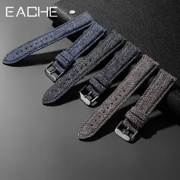 EACHE 헤링본 트위드 시계 스트랩, 양모 정품 가죽 시계 밴드, 그레이 시계 밴드, 18mm, 20mm, 22mm 