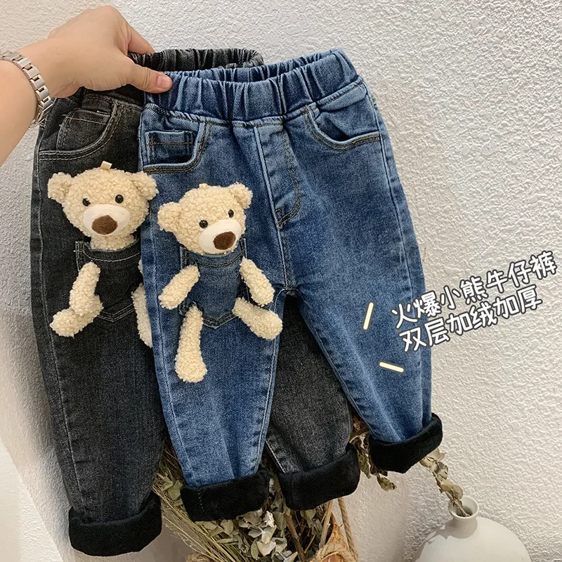 

Kids Clothes Baby Boys Girls Jeans Cute Cartoon 3D Bear Doll Denim Pants Toddler Boy Kawaii Jeans Children Jeans