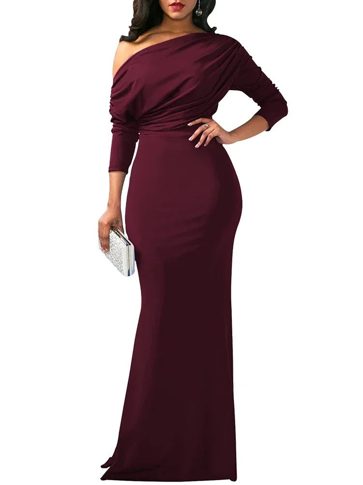 2024 Summer Women Dresses  Oblique Shoulder Long Sleeved Pleated Evening Dress Vestidos De Mujer Elegant Maxi Robe Female