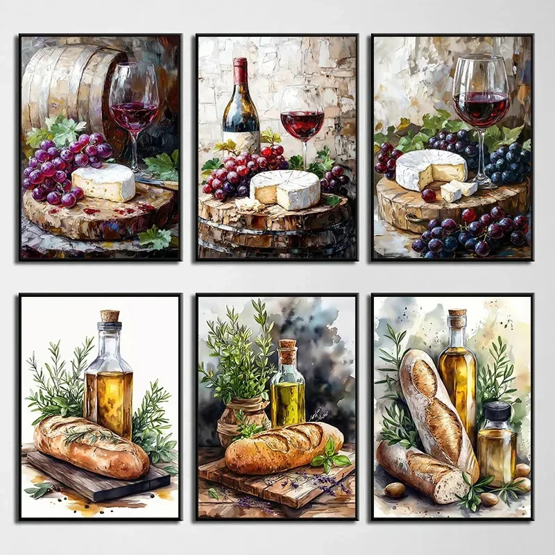 Pósteres de comida de cocina con aceite de oliva, vino, queso, acuarela, pintura en lienzo, granja rústica, imágenes artísticas de pared estéticas, decoración de la habitación del hogar