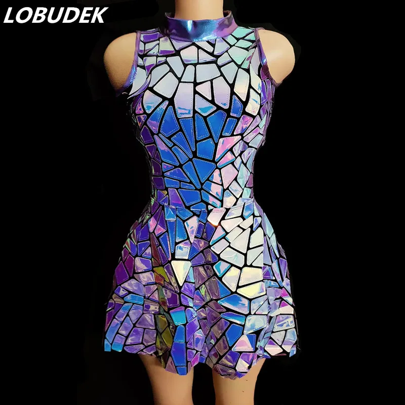 

Purple Blue Laser Mirror Sequins Sleeveless Short Dress Women Singer Dancer Bar Nightclub Stage Wear Birthday Prom Show Costume