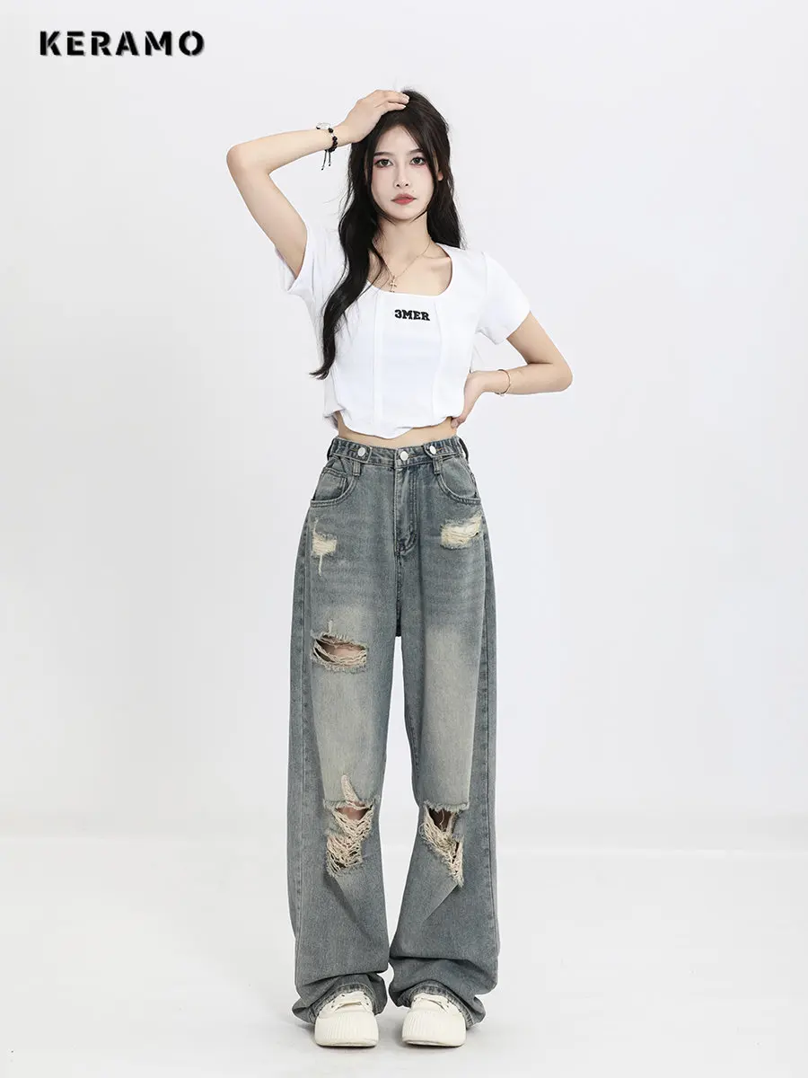 2023 Summer Harajuku Loose High Waist Vintage Y2K Jeans Pants Streetwear Style Women's Wide Leg Baggy Ripped Denim Trouser