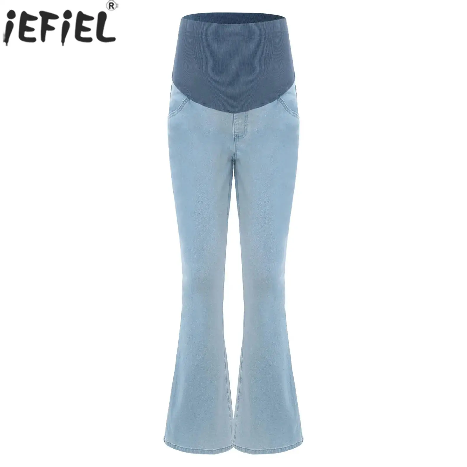 Pregnant Woman Casual High Waist Support Belly Jeans Stretchy Abdomen Supporting Pregnancy Flared Denim Pants with Pockets