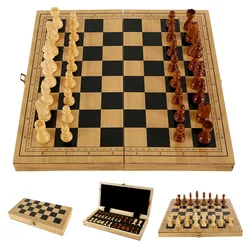 Wooden Chess Set Folding Chess Board Game Set Portable Travel Chess Checkers Suit Beginner Chess Set Educational Toy for Kids