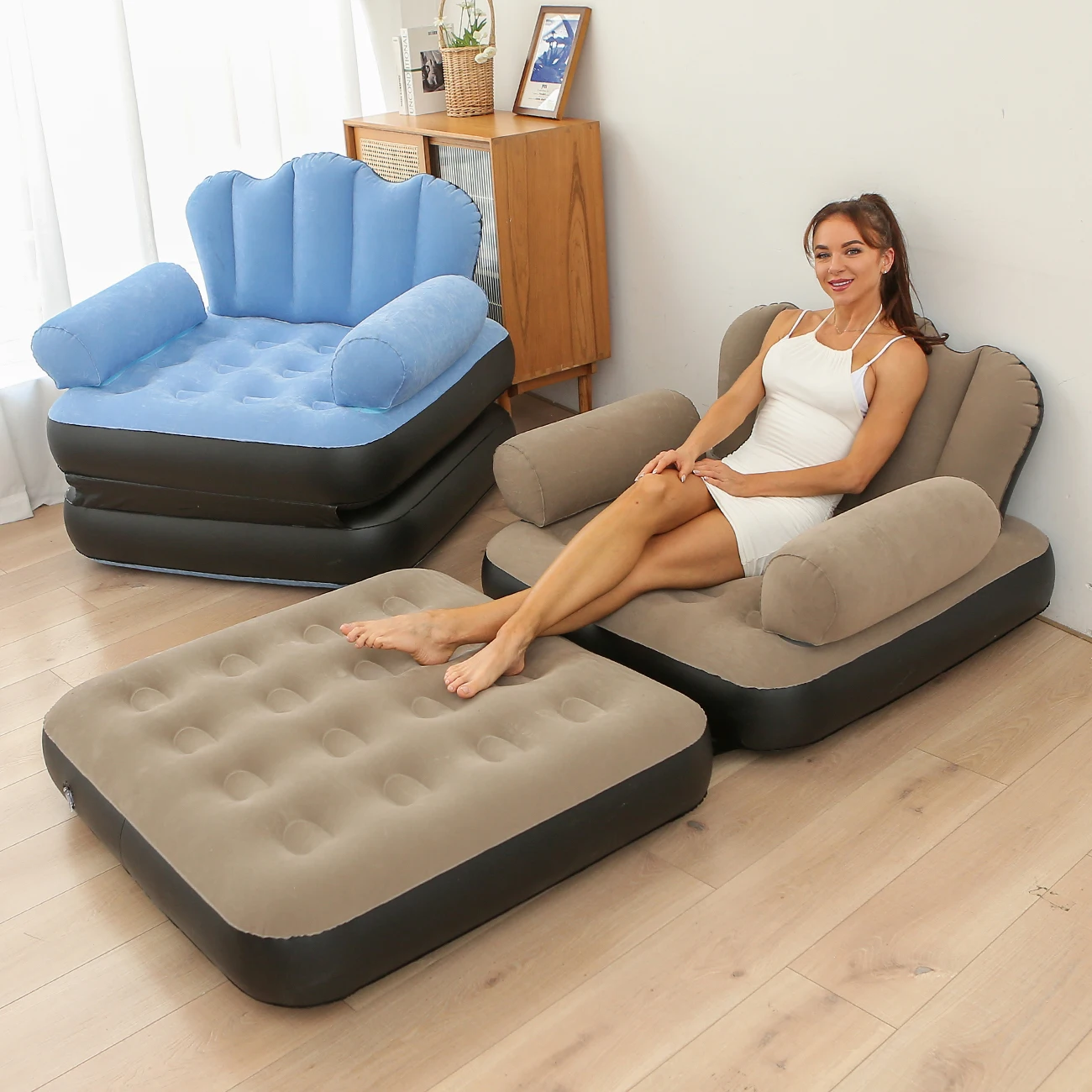 1PC Light Blue & Coffee Inflatable 5-in-1 Sofa – Soft and Comfortable for Home, Garden, and Outdoor Use image 4