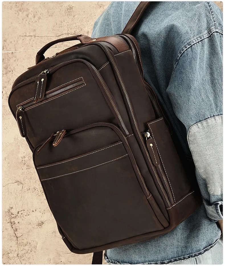 

Винтажный рюкзак из натуральной кожи для мужчин и женщин, рюкзак с двойной молнией, кожаный рюкзак Crazy Horse, кожаный дорожный рюкзак ручной работы