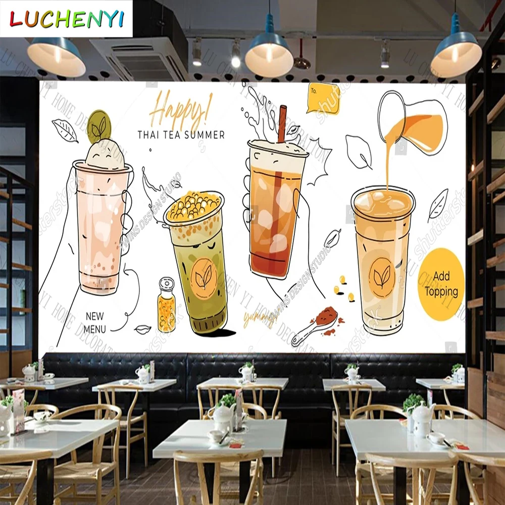 Custom fruits juice lemonade bubble tea wallpaper mural restaurant cold drinking shop dining room wall papers home decor sticker