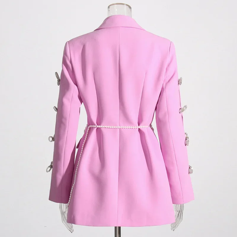 2024 Spring Newest Rhinestone Bow Sleeve Cut-out Suit Jacket Pearl Chain Belt Top Temperament Pink Coat+belt Fashion Woman Dress