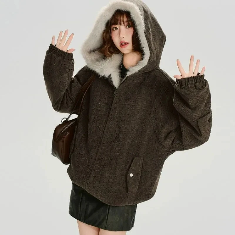 

Winter Vintage Hooded Parkas Women Thick Warm Preppy Bow Patchwork Zipper Coats Student Loose Casual Harajuku Retro Outwear New