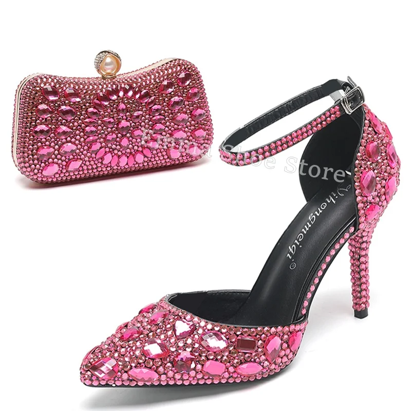 Summer Elegant Pointed Toe Ankle Buckle Sandals Rhinestone Stiletto Heel Party Dress Shoes Women Wedding Bag Set Large Size