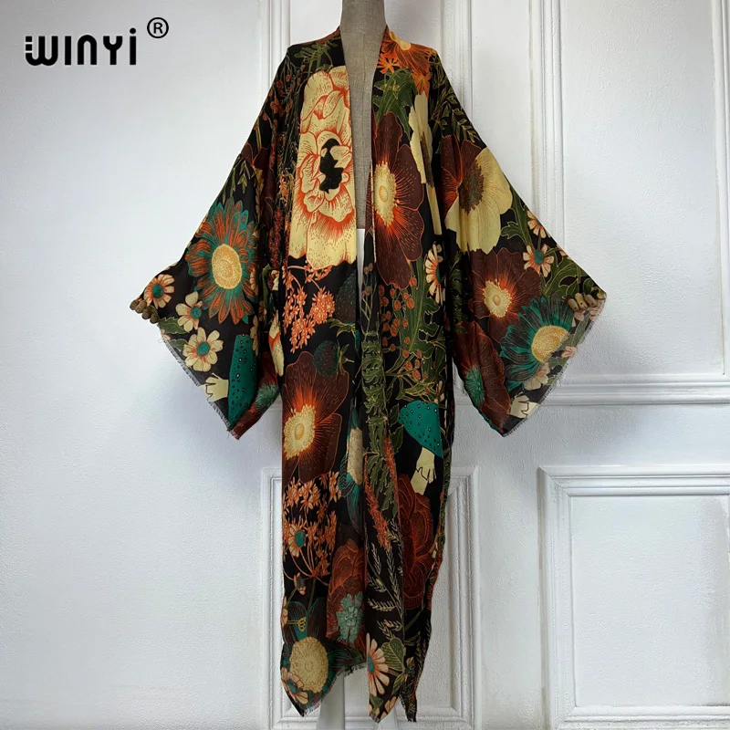 Winyi Africa Mode Zomer Kimono Maxi Jurk Strand Cover Cardigan Boho Sexy Jas Boho Print Kaftan Strand Outfits Vrouwen