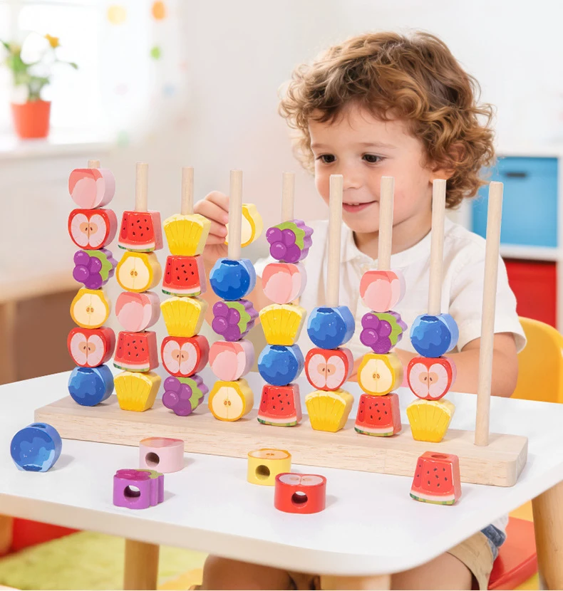 Children's Educational Early Learning Fruit Shaped Ring Game Color Recognition Puzzle Blocks Toy for Kids Cognitive Development