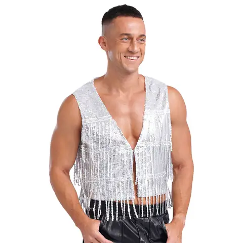 Herr Glänsande Disco Dans Musik Festival Klubbväst Paljett Tofs Ärmlös Glitterväst Heltäckande V-ringad Öppen Framtill 8 best sales paljettväst för män - №8