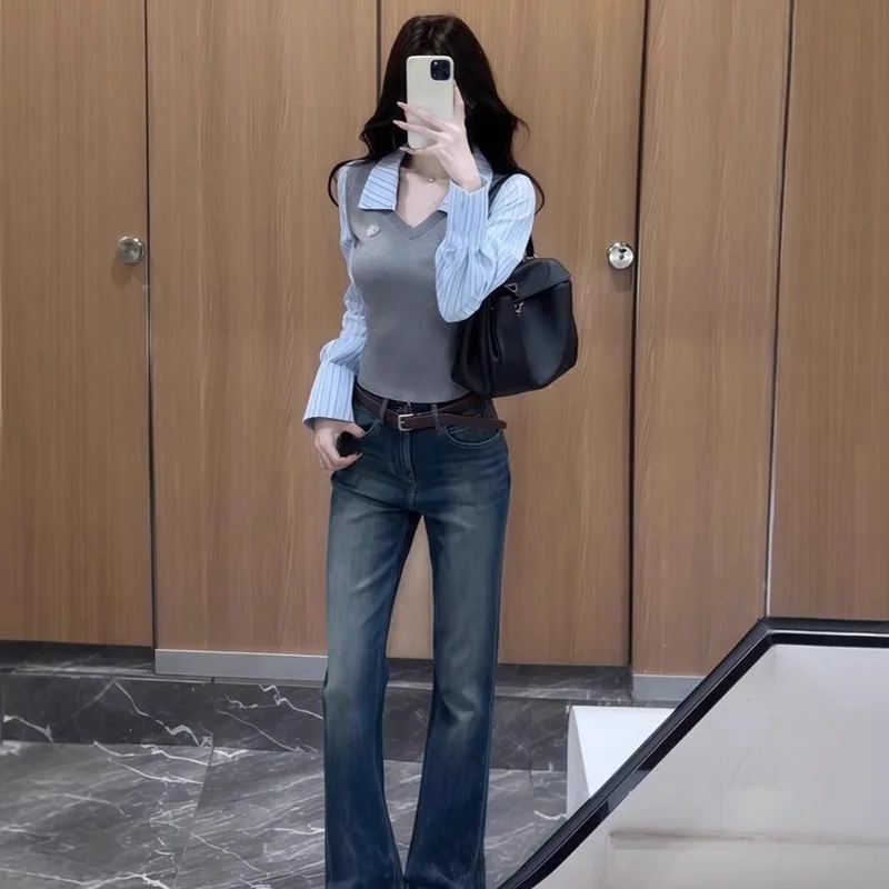Early Autumn New Striped Fake Two-Piece Patchwork Long Sleeve T-Shirt Women's Casual Design Slim Fit Top 3