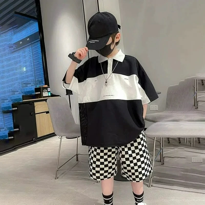 2025 New Boys' Polo Shirt Summer New Short Sleeve T-shirt Children's Korean Version Splicing Half Sleeve Middle Large Boys 4-13Y
