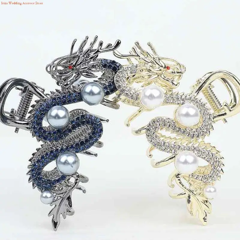 G92D New Year Zodiac Hair Claw Clip for Women Girls Domineering Chinese Dragon Diamante Blingbling Pearls Hair Claw Jaw Clip