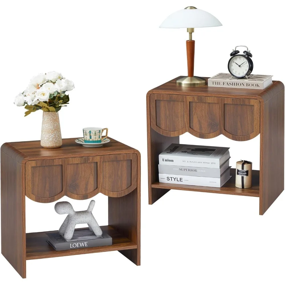 

Night Stand Set of 2, Mid Century Modern Farmhouse Wood Nightstand with Wave Panel Drawer, Bed Side End Table for Small Space