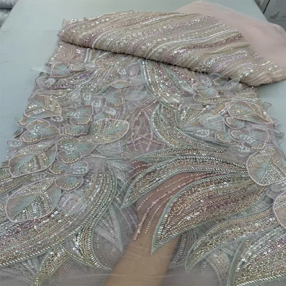 Latest Luxury Sequins Pearls Bridal Beaded Lace Fabric High Quality Heavy beads African Nigerian 3D Lace Fabric