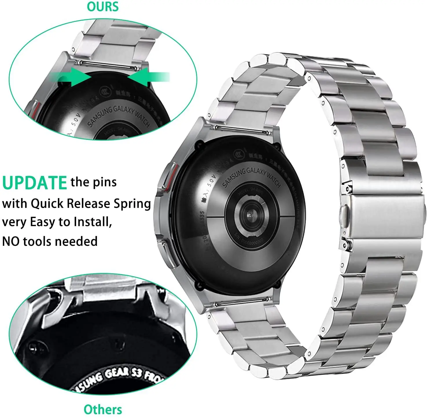Compatible with Samsung Galaxy Watch 4/Classic Dedicated Connector Three-Bead Stainless Steel Metal Watch Strap