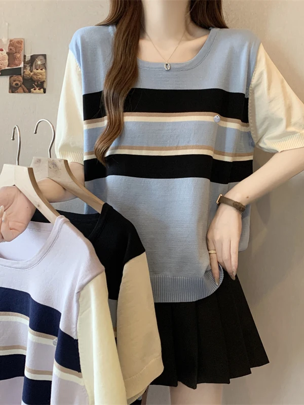 

plus Size Women's Short Sleeve Knitted Top Color Block Design Summer Slimming Versatile Korean Style Commute Wind Outerwear