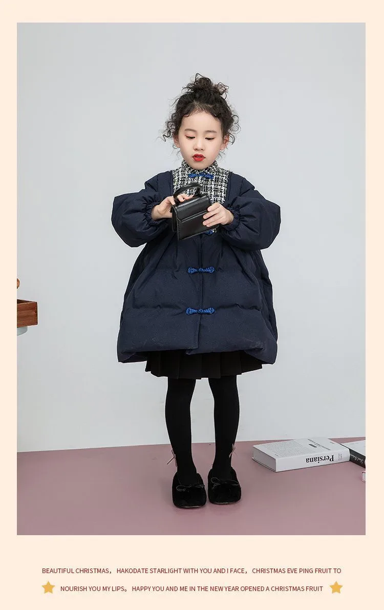 Girls Winter Coat New Fashion Plaid Puffer Jacket Loose Thick Fleece Lined Long Parka Kids Clothing