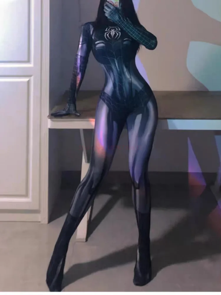 Sexy Black Cat Superhero Cosplay Costume For Spider Women Halloween Costume Christmas Tight 3d Printing Jumpuit Bodysuit image 6