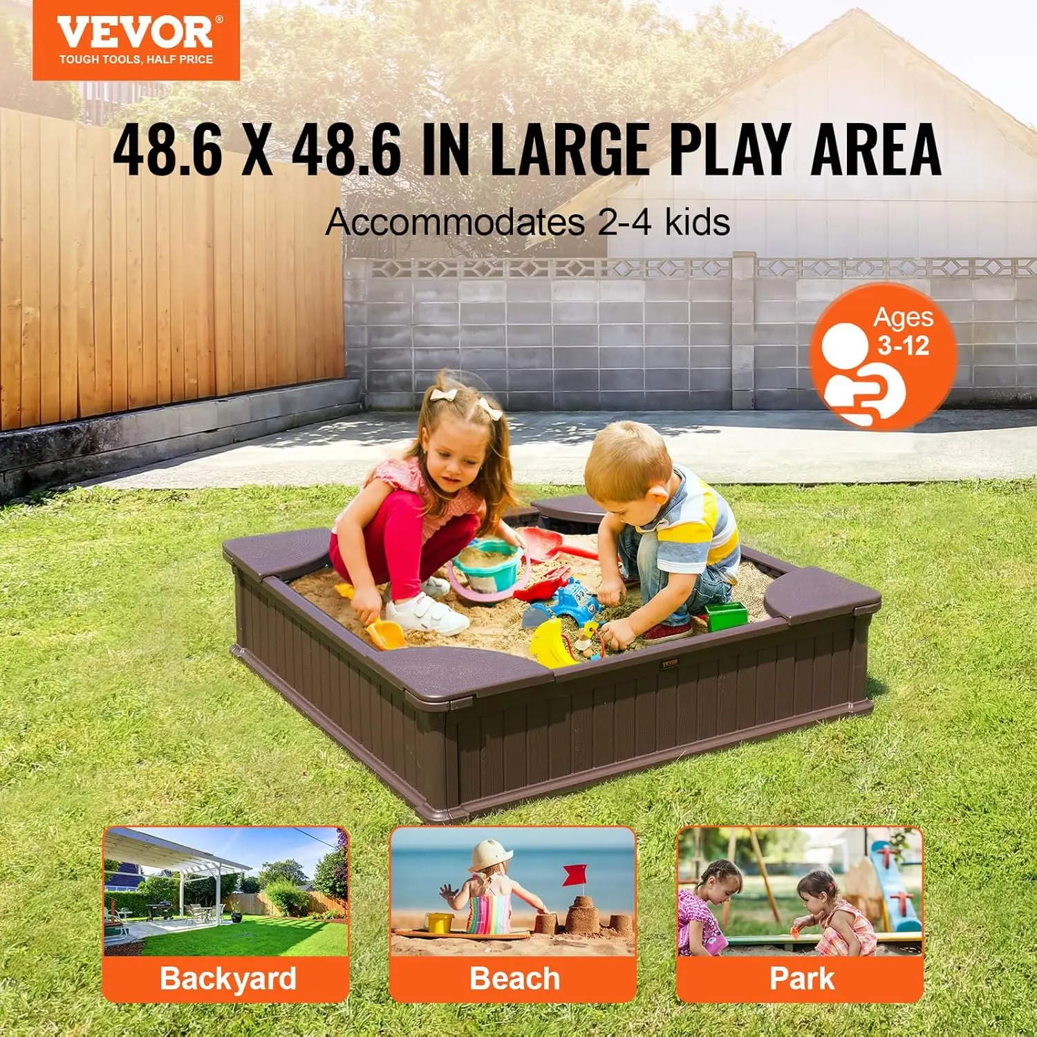 Sandbox with Cover, 48.6''x48.6''x12.4'' Square Sand Box, Sand Pit with 4 Corner Seats & Bottom Liner, Gift for Ages 3-12 Y