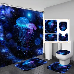 Dream Starry Sky Ocean Jellyfish Bathroom Waterproof Shower Curtain Set with 12 Hooks Bath Non-Slip Mat Rugs Toilet Seat Cover