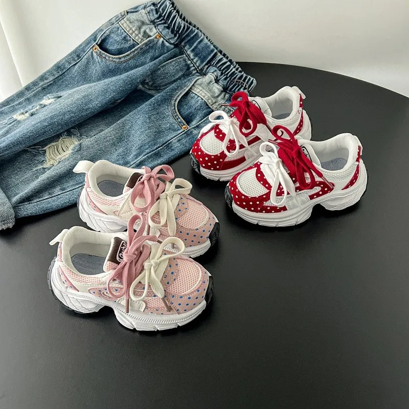 Girls' Thick-soled Daddy Shoes Spring and Autumn Children with Casual Shoes Sweet Polka-dot Baby Princess Sneakers.