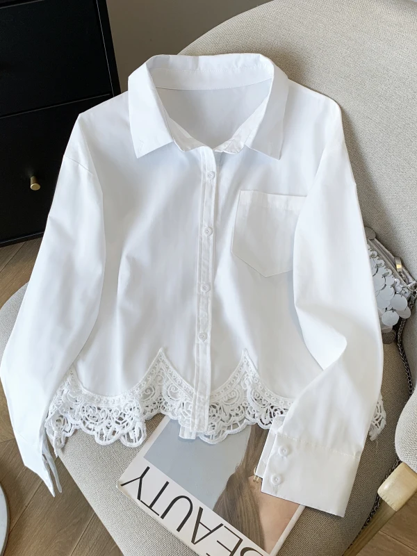 

Женская хлопковая блузка премиум-качества с длинным рукавом, воротником, асимметричным вырезом и ажурным цветочным узором, прямого кроя, весна-осень