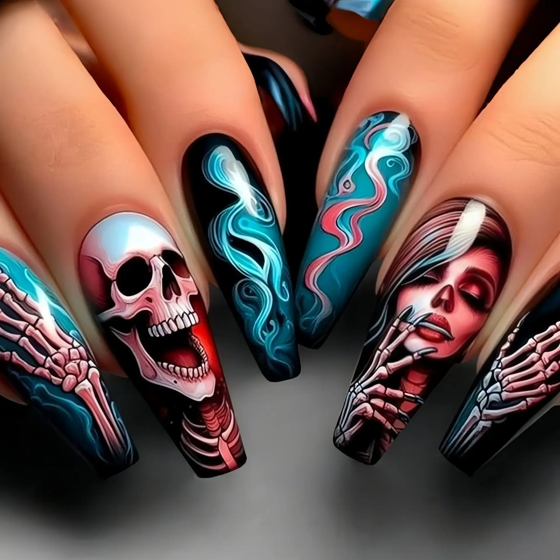 Dark Red Long Ballet Press On Nails With Skull Flower Art Set_voghion.com