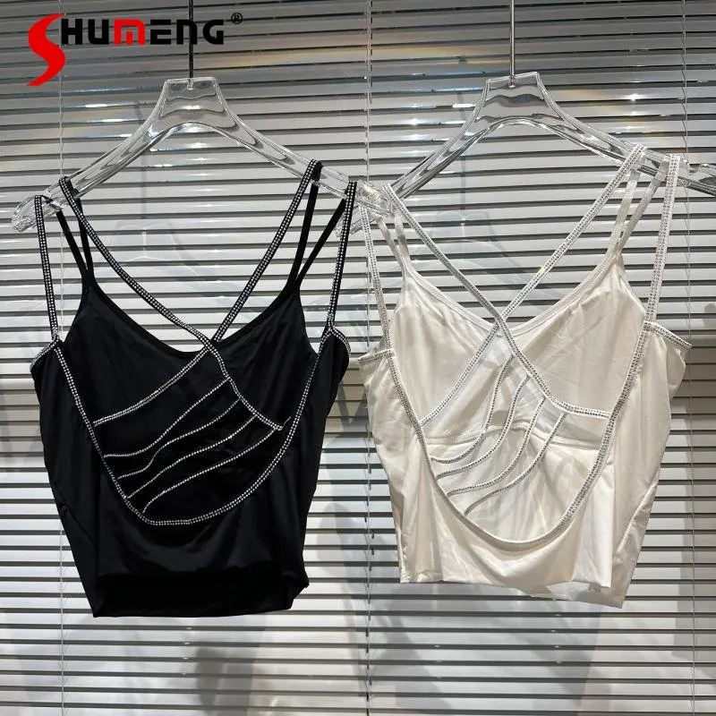 

2023 Spring Summer New Crop Tops Socialite Back Hollow Hot Rhinestone Strap Chest Pad Short Camisole Bottoming Vest for Women