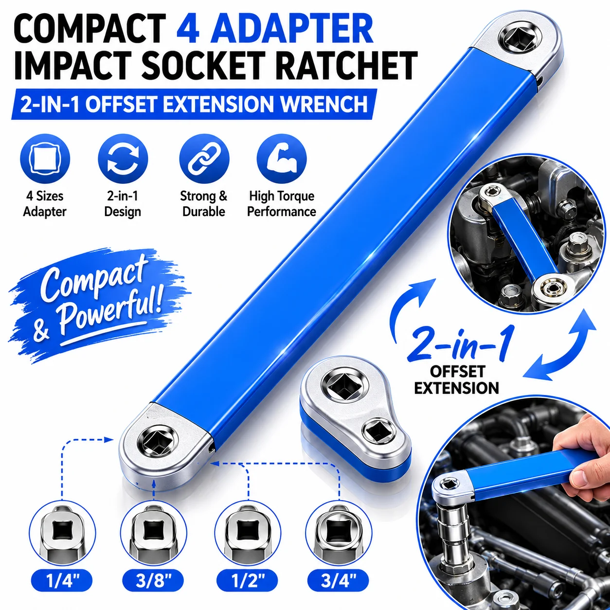 Compact 4 Adapter Impact Socket Ratchet, 2-in-1 Offset Extension Wrench Automotive Manual Tool