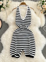 Foamlina American Women's Summer Strap Backless Striped Jumpsuit Top Girl's Slim Bodycon Design Short Pants Bodysuit