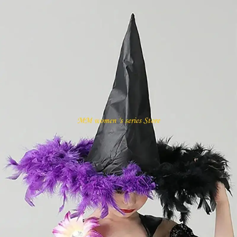 Q39C هالوين الساحرات قبعة الريش هامش النساء زي فتاة فستان اكسسوارات زينة للحفلات التنكرية Cosplays