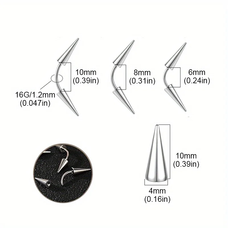 2pcs/6pcs Spike Eyebrow Piercing Jewelry Stainless Steel Curved Barbell Eyebrow Tragus Lip Rings Earrings For Men