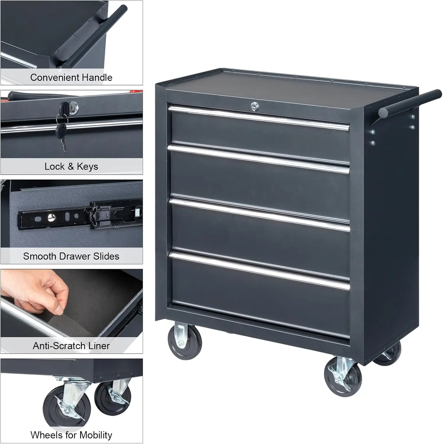 4-Drawer Tool Chest with Wheels & Lock & Key, Heavy Duty Cart Rolling Tool Box on Wheels, Metal Storage Cabinet, Rolling Tool Ca