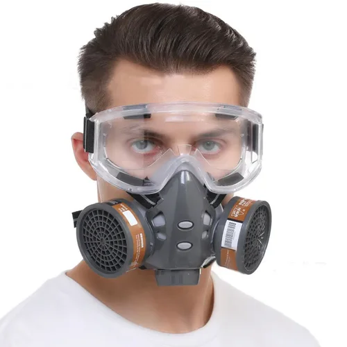 Respirador químico protector, filtros de carbón duales para pintura de pesticidas en aerosol, máscara de Gas de seguridad industrial con gafas antiniebla