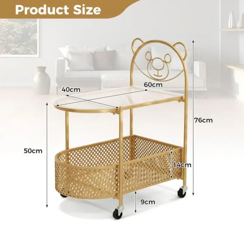 

2-Tier Mobile Glass Coffee Table with Bear Pattern-Golden