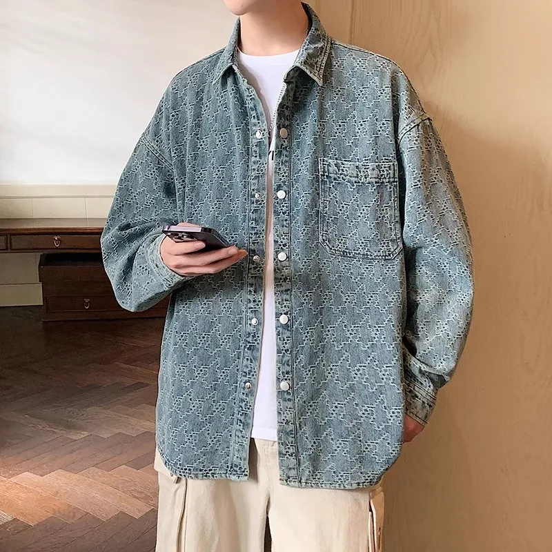 

Американская свободная джинсовая куртка с длинными рукавами для мужчин, весенне-осенняя, модная, для пар, брендовая, из смесового хлопка и полиэстера