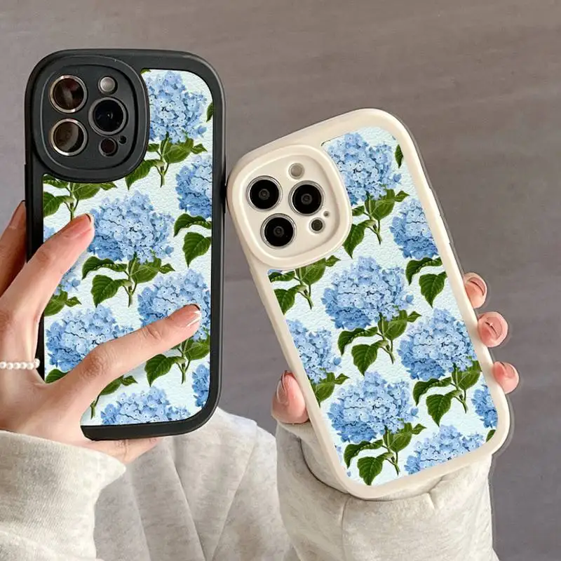 Blue Hydrangea Print Floral Print Phone Case For IPhone 11 12 13 14 15 Plus Pro Max PU Leather Silicon Soft Cover