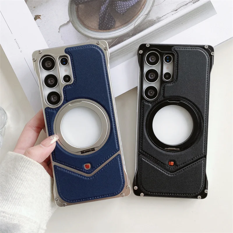 

PU Leather Magnetic Metal Snap on Case For Samsung Galaxy S24 S25 Ultra Sagsafe With Stand Adjustable Frameless Shockproof Cover