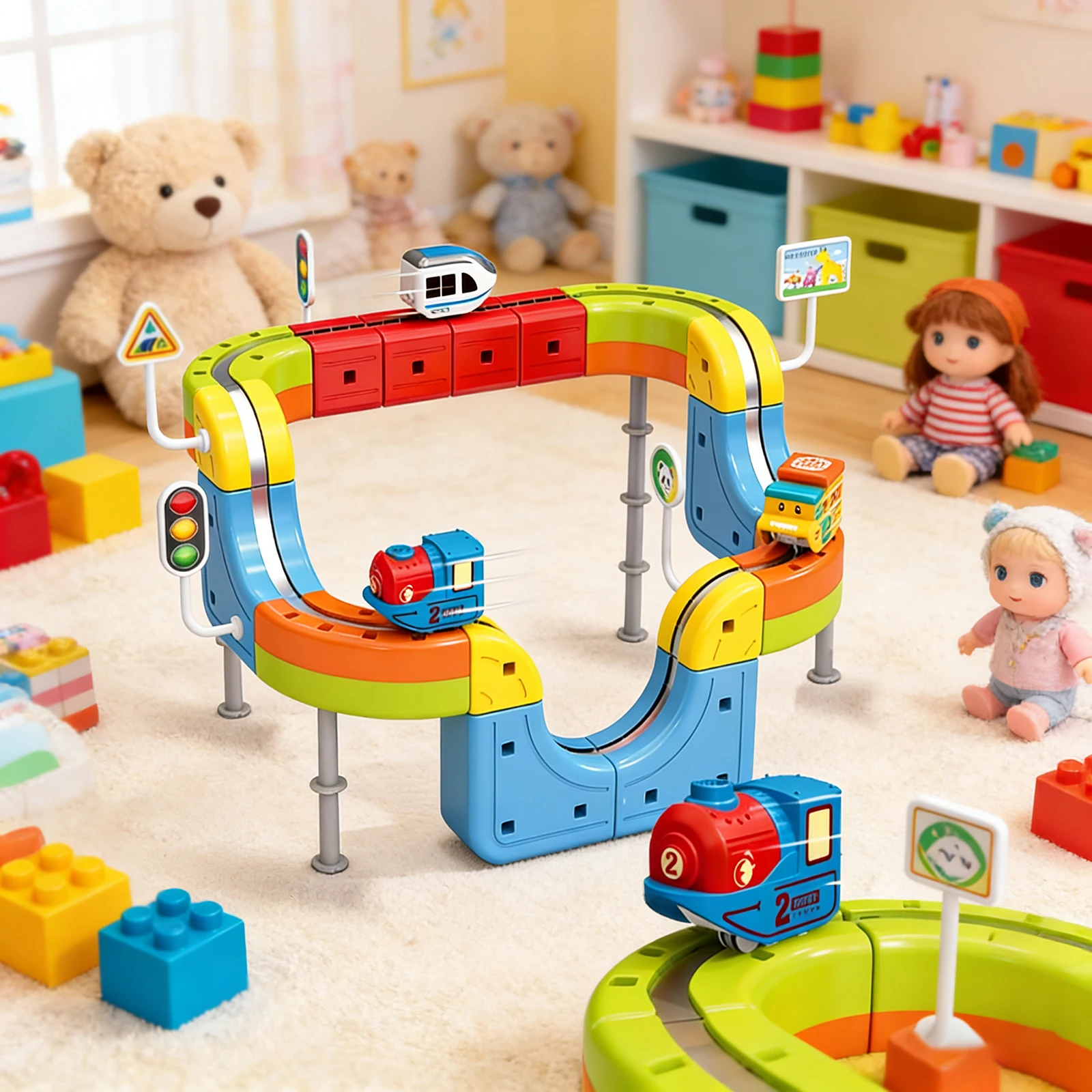 Zestaw kolejowy Track Fusion - 35 elementów, magnetyczna torba na kółkach 3D Infinity z klockami STEM do składania, magiczna elastyczna torba wyścigowa dla dzieci A