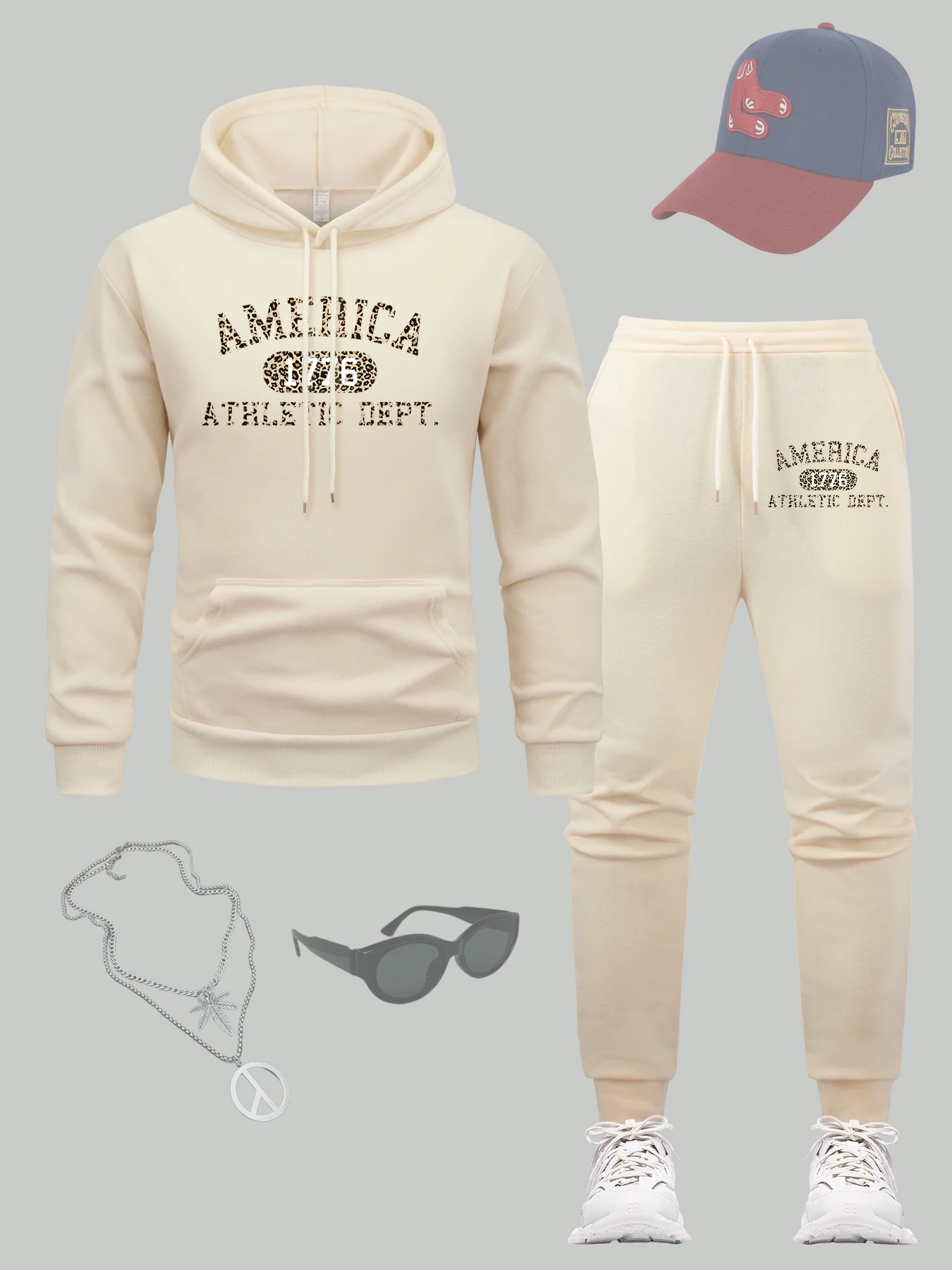 

America Athletic Dept Print Men Hoodie Set Pocket All-Match Hoodies Casual Loose Sweatpant Sets Fleece Autumn Jogging Pants