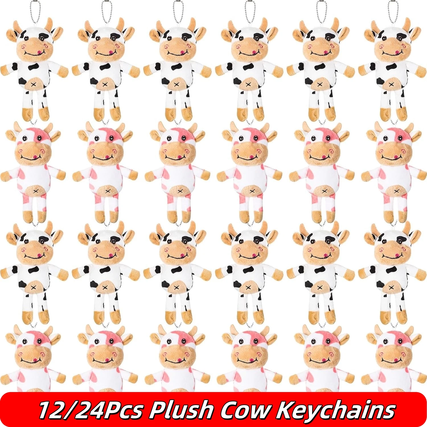 12/24Pcs Plush Cow Keychain Cow Stuffed Plush Animal Toy Bulk Spotted Farm Keyring Party Favors for Classroom Dec Birthday Gift