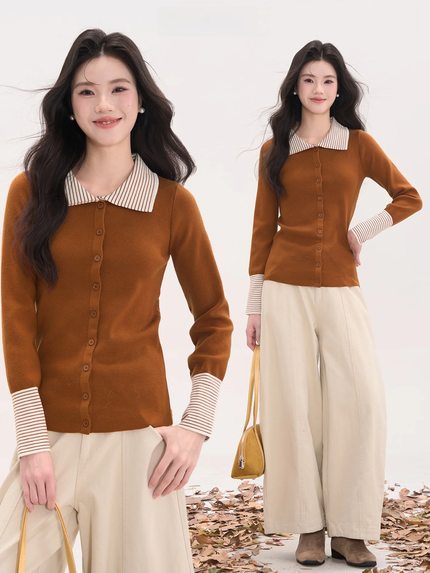 

Romantic Sle Long Sve Knitted Cardigan Slimming Striped Patchwork Collar Women's Winter Faion Casual Nylon Blend