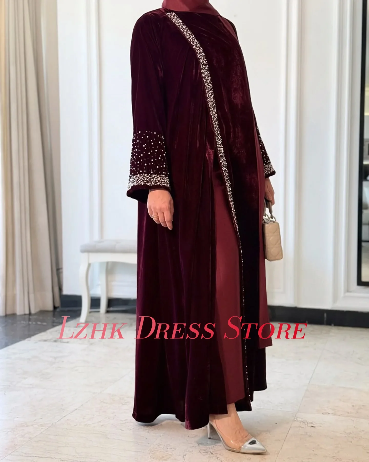 Customized Modern Velvet Straight Beading Pearls Sequined Evening Dress High Quality Long Sleeves فستان سهرة نسائي