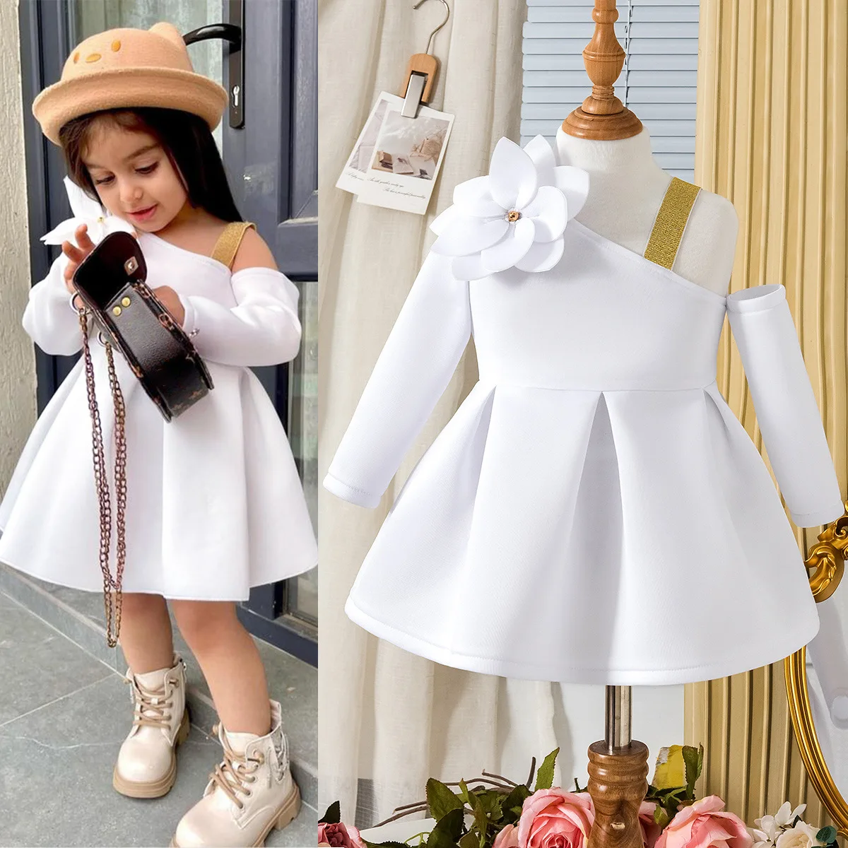 

Girls White Little Dress Kids Set Elegant Dress Floral Off-the-shoulder Long Sleeve Dress Floral Skirt Baby Kilt Toddler Grown